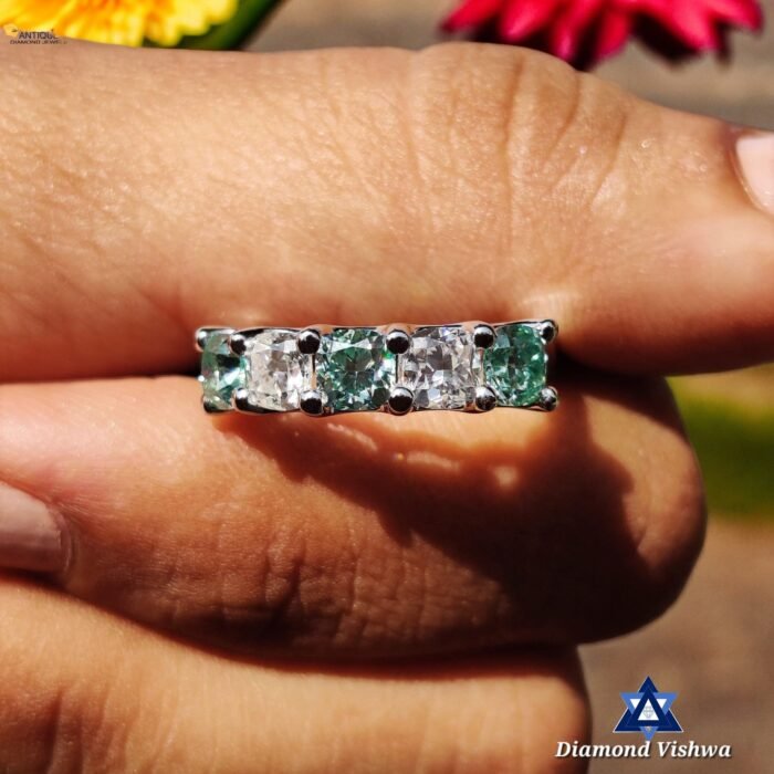 5-Stone Cushion Colorless & Cyan Blue Moissanite Euro Shank U-Prong Band - Image 4