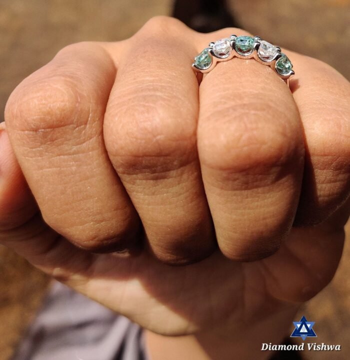 5-Stone Cushion Colorless & Cyan Blue Moissanite Euro Shank U-Prong Band - Image 5