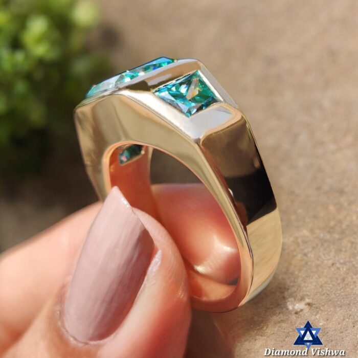 6.41 CT Aqua Blue Green Radiant 3-Stone Men's Moissanite Ring - Trapezoid Side Stones - Image 2