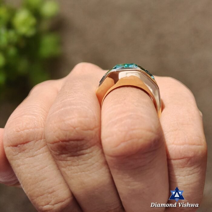 6.41 CT Aqua Blue Green Radiant 3-Stone Men's Moissanite Ring - Trapezoid Side Stones - Image 5