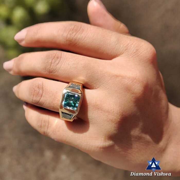 6.41 CT Aqua Blue Green Radiant 3-Stone Men's Moissanite Ring - Trapezoid Side Stones - Image 6