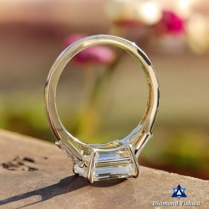 Emerald & Baguette Three Stone Engagement Anniversary Ring Set, Moissanite Diamond ring - Image 4