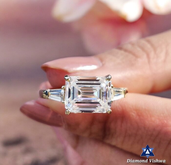 Emerald & Baguette Three Stone Engagement Anniversary Ring Set, Moissanite Diamond ring - Image 3