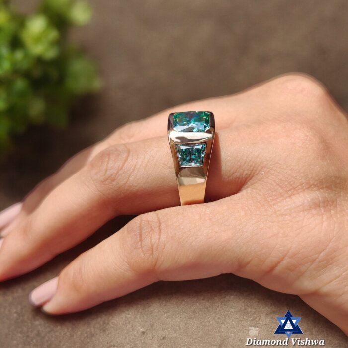 6.41 CT Aqua Blue Green Radiant 3-Stone Men's Moissanite Ring - Trapezoid Side Stones - Image 7