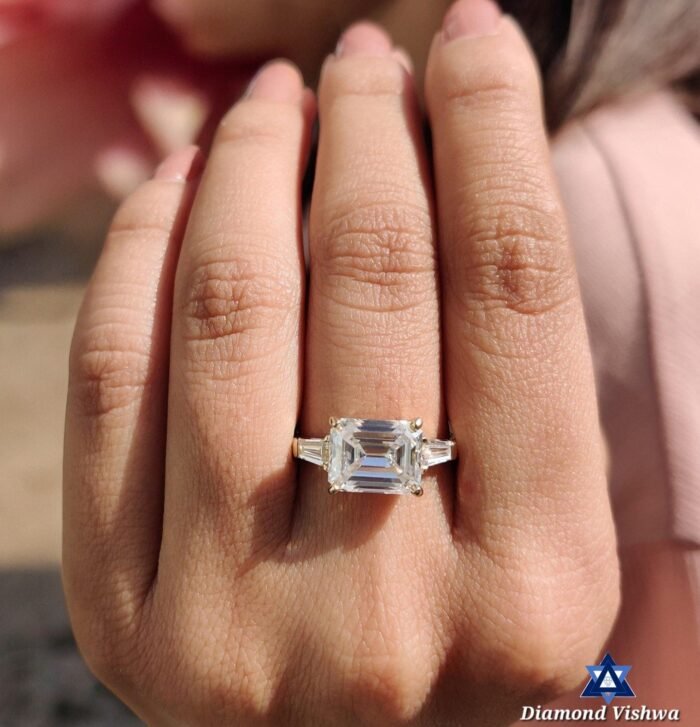 Emerald & Baguette Three Stone Engagement Anniversary Ring Set, Moissanite Diamond ring - Image 7