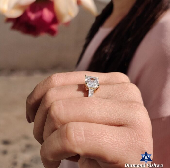 Emerald & Baguette Three Stone Engagement Anniversary Ring Set, Moissanite Diamond ring - Image 6