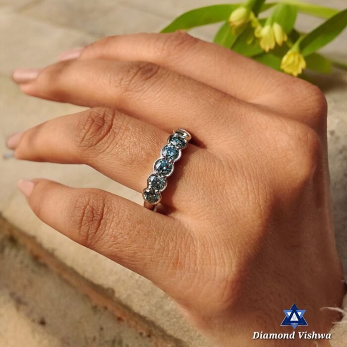 Cyan Blue Round Moissanite 6-Stone Half Bezel Set Wedding Band - Image 5