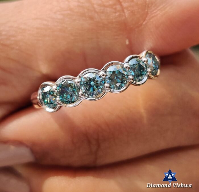 Cyan Blue Round Moissanite 6-Stone Half Bezel Set Wedding Band - Image 4