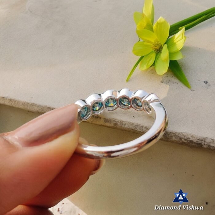 Cyan Blue Round Moissanite 6-Stone Half Bezel Set Wedding Band - Image 3