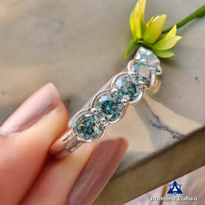 Cyan Blue Round Moissanite 6-Stone Half Bezel Set Wedding Band - Image 2