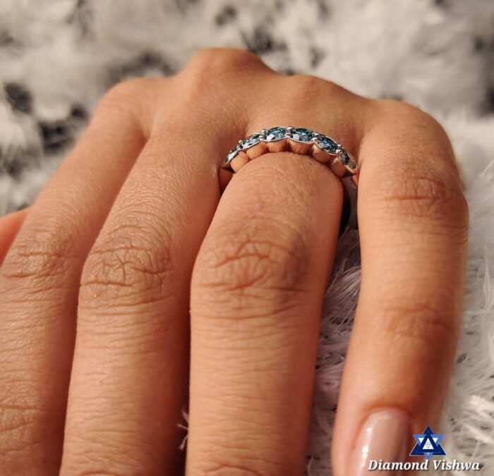 Cyan Blue Round Moissanite 6-Stone Half Bezel Set Wedding Band - Image 6