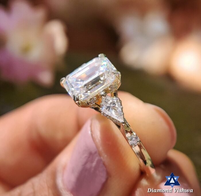 Emerald Cut Three Stone Moissanite Ring – 2.16 CT | Kite Sides - Image 2