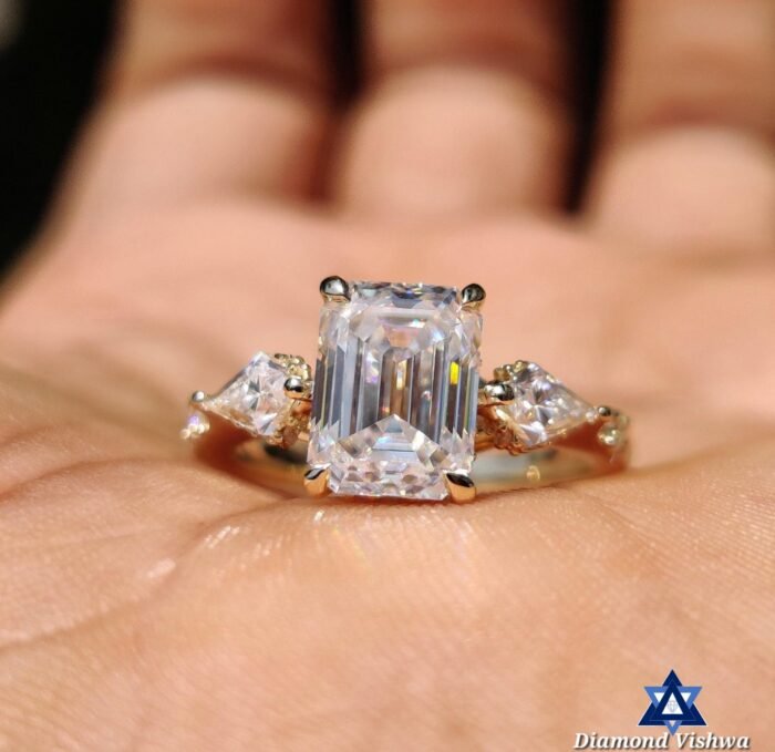 Emerald Cut Three Stone Moissanite Ring – 2.16 CT | Kite Sides - Image 3