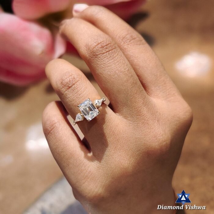 Emerald Cut Three Stone Moissanite Ring – 2.16 CT | Kite Sides - Image 4