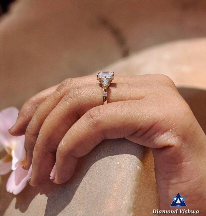 Emerald Cut Three Stone Moissanite Ring – 2.16 CT | Kite Sides - Image 5