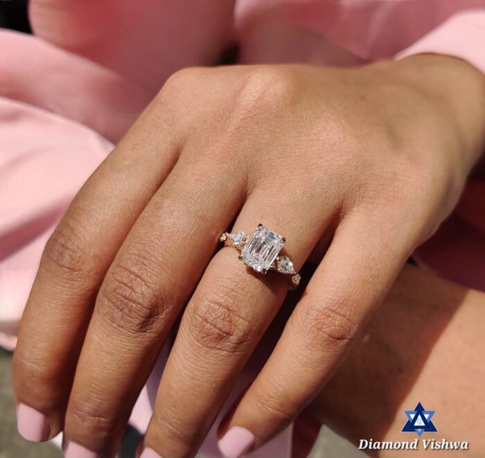 Emerald Cut Three Stone Moissanite Ring – 2.16 CT | Kite Sides - Image 7