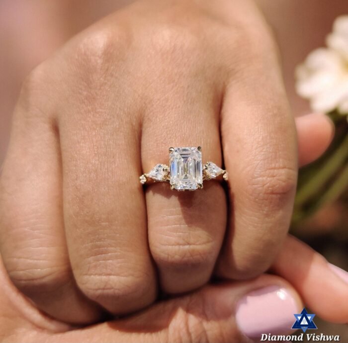 Emerald Cut Three Stone Moissanite Ring – 2.16 CT | Kite Sides - Image 8