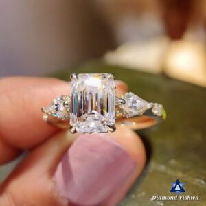 Emerald Cut Three Stone Moissanite Ring – 2.16 CT | Kite Sides