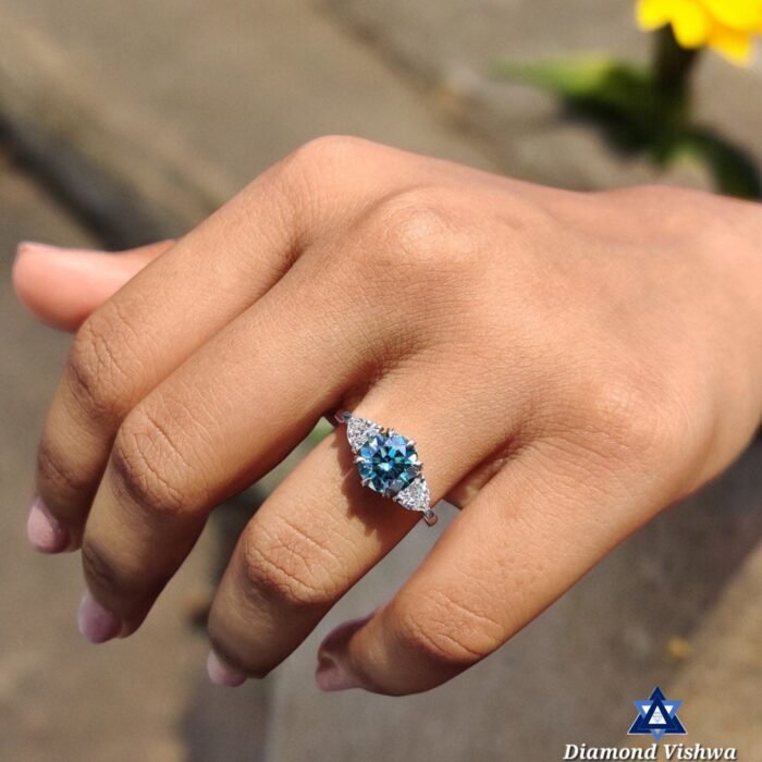 2.21 CTW Round Cyan Blue Moissanite Three Stone Engagement Wedding Ring | Trillion Cut Side Stones | Promise Bridal Jewelry for Her - Image 7