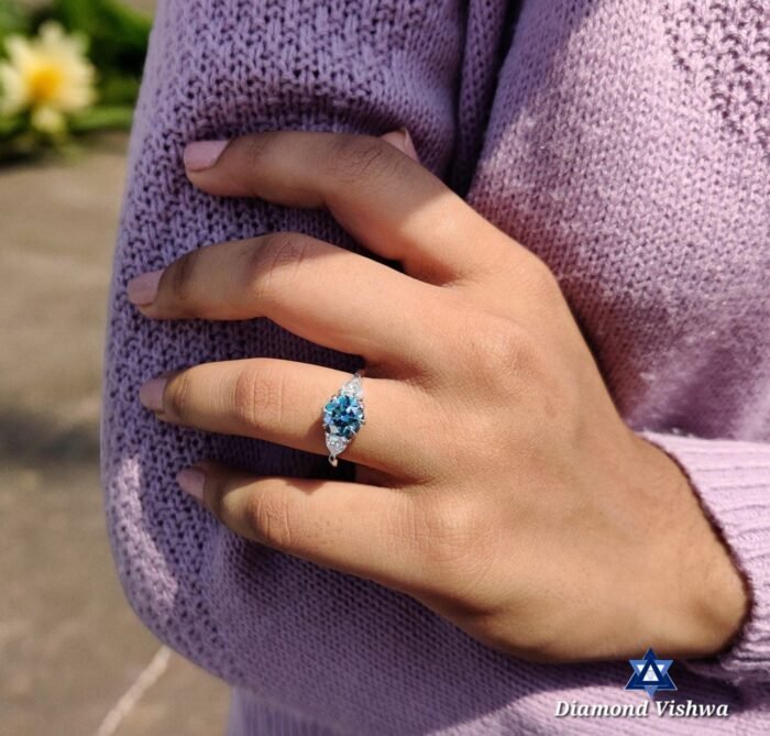 2.21 CTW Round Cyan Blue Moissanite Three Stone Engagement Wedding Ring | Trillion Cut Side Stones | Promise Bridal Jewelry for Her - Image 4