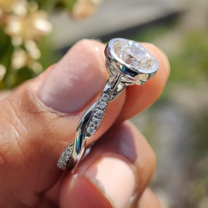 2.06ct Portuguese Cut Moissanite Bezel Ring | Twisted Pavé Band | Unique Engagement - Image 3