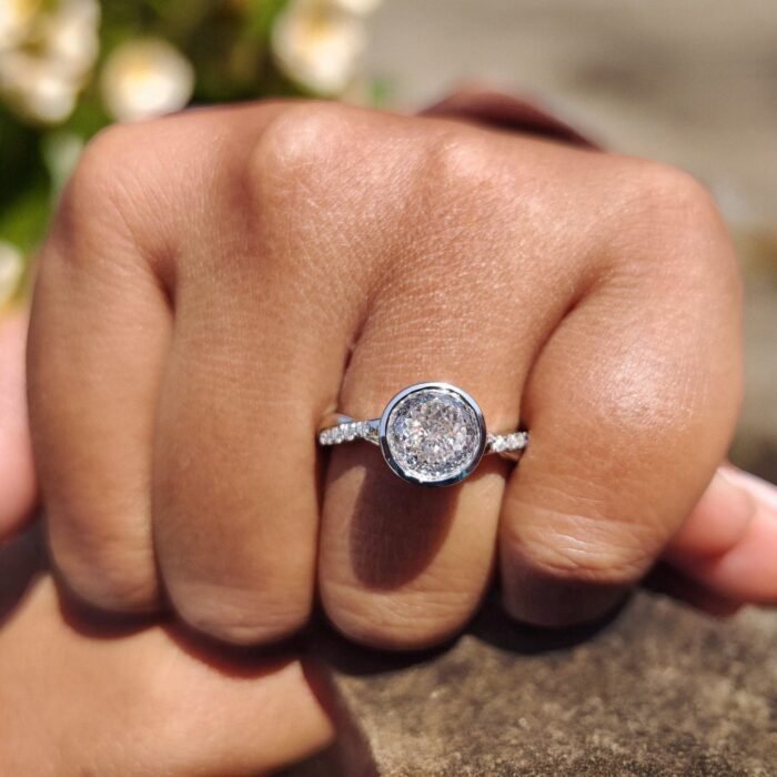 2.06ct Portuguese Cut Moissanite Bezel Ring | Twisted Pavé Band | Unique Engagement - Image 4