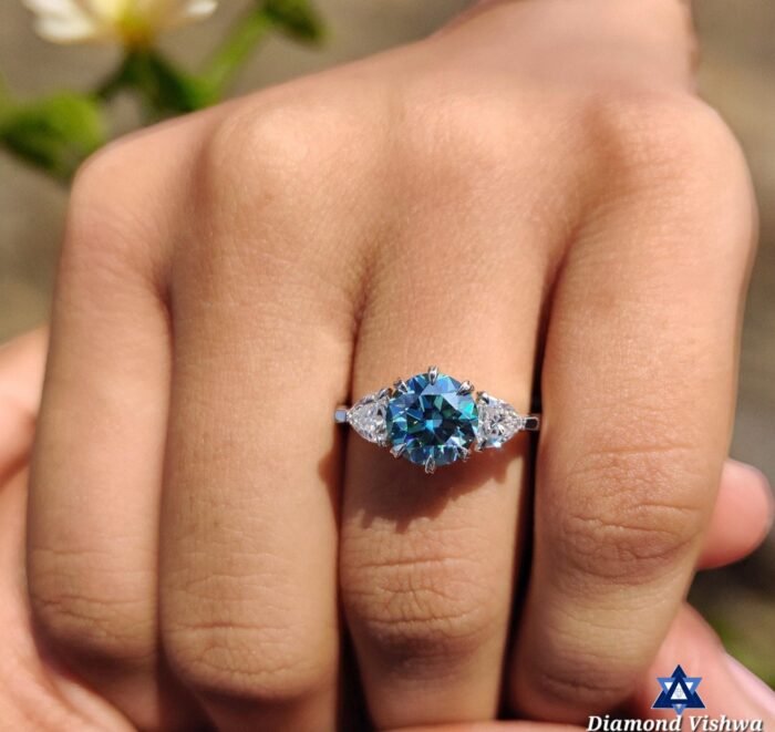 2.21 CTW Round Cyan Blue Moissanite Three Stone Engagement Wedding Ring | Trillion Cut Side Stones | Promise Bridal Jewelry for Her - Image 3