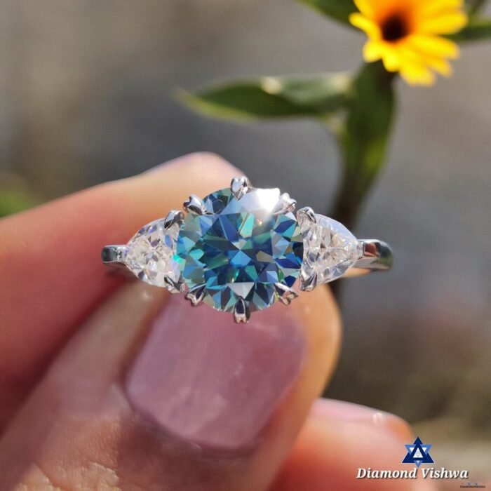 2.21 CTW Round Cyan Blue Moissanite Three Stone Engagement Wedding Ring | Trillion Cut Side Stones | Promise Bridal Jewelry for Her - Image 2