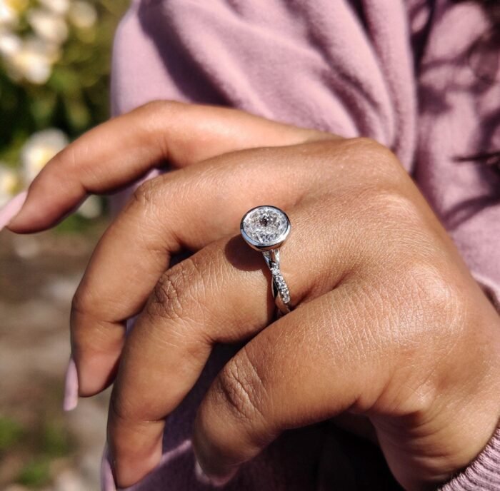 2.06ct Portuguese Cut Moissanite Bezel Ring | Twisted Pavé Band | Unique Engagement - Image 7