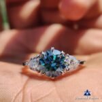 2.21 CTW Round Cyan Blue Moissanite Three Stone Engagement Wedding Ring | Trillion Cut Side Stones | Promise Bridal Jewelry for Her