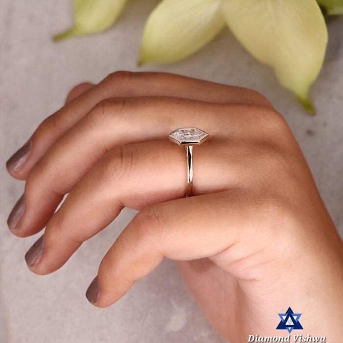 Hexagon Step Cut Moissanite Solitaire Engagement Ring Cathedral Bezel Setting - Image 6