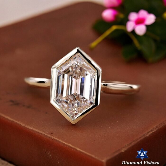 Hexagon Step Cut Moissanite Solitaire Engagement Ring Cathedral Bezel Setting - Image 2