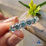 Cyan Blue Round Moissanite 6-Stone Half Bezel Set Wedding Band