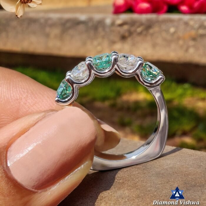 5-Stone Cushion Colorless & Cyan Blue Moissanite Euro Shank U-Prong Band - Image 2