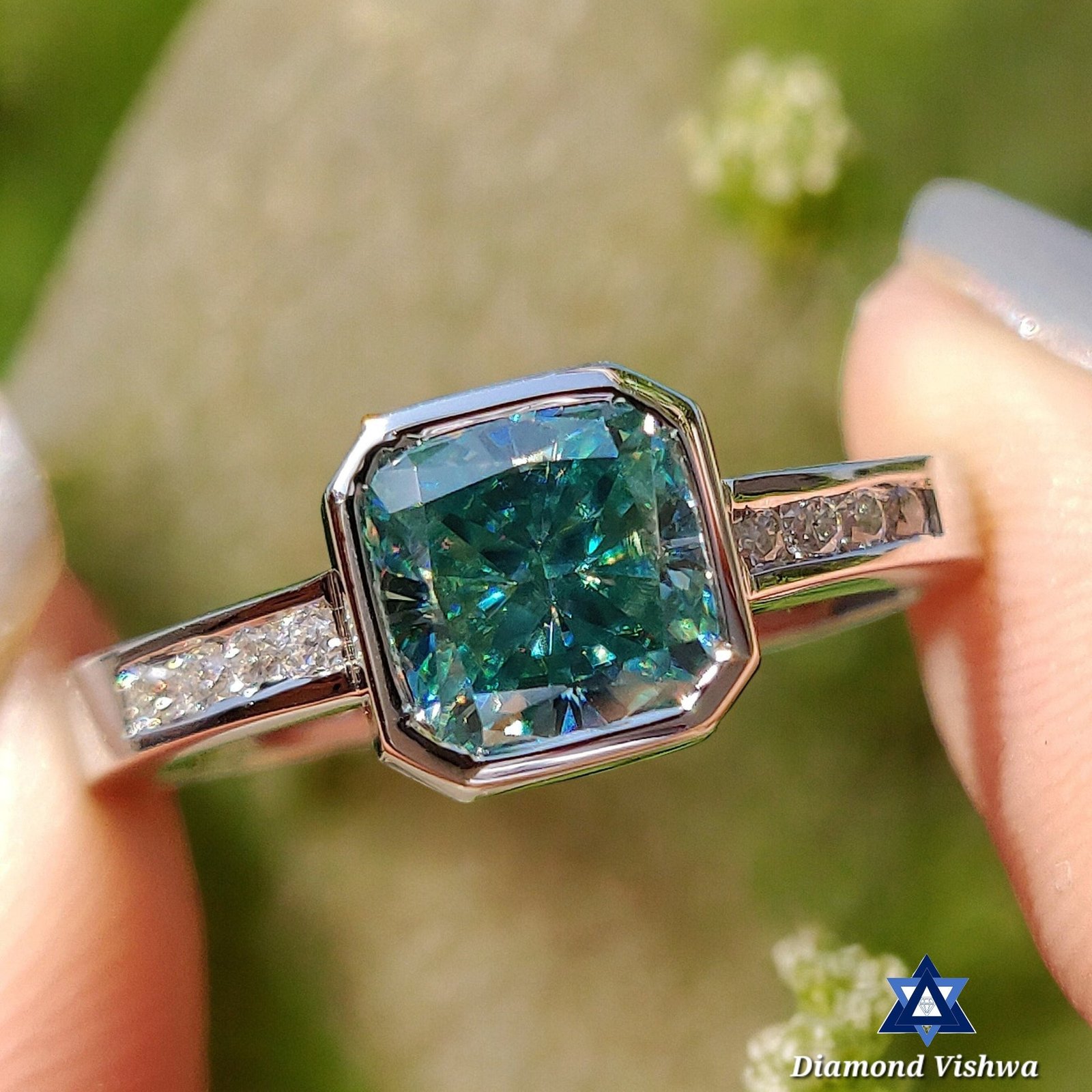 il_fullxfull.5959244658_flyx-Photoroom Bezel Set Cushion Cut Cyan Blue Moissanite Engagement Ring - Channel Set Pave Band - Image 1