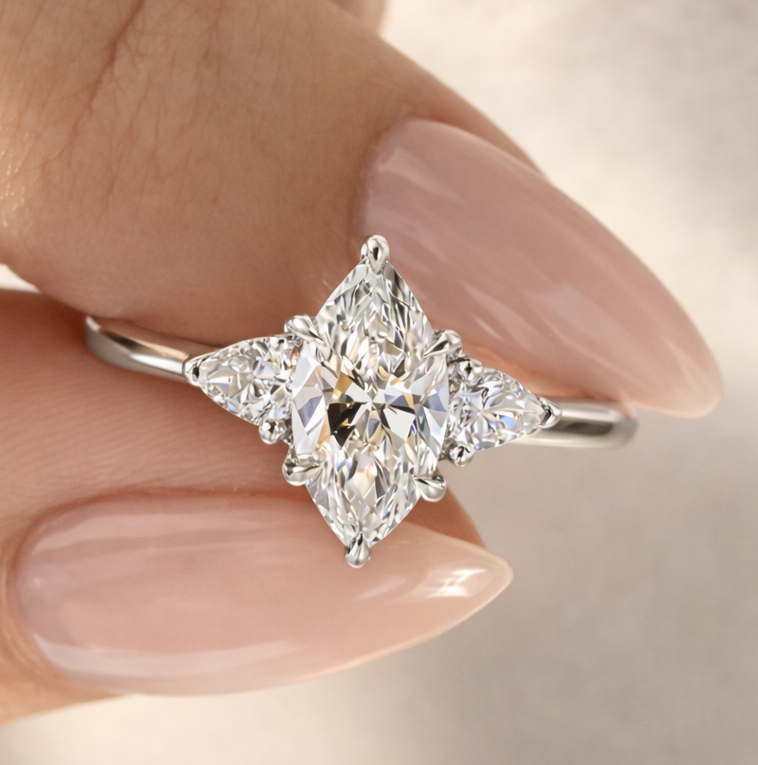 ChatGPT Image Mar 30, 2026, 11_37_29 PM 2Ct Marquise Lab Grown Diamond Engagement Ring, 14k Yellow Gold Three Stone Ring - Image 1