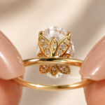 2Ct Oval Lab Grown Diamond Ring, Floral Hidden Halo Engagement Ring, 14K Gold Solitaire