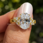 Oval Cut Moissanite Engagement Ring, Floral Side Stone Vintage Ring in 14K Yellow Gold