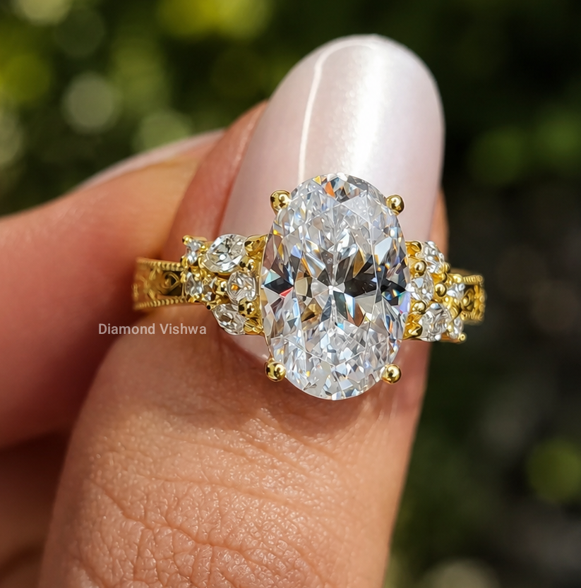 Oval Cut Moissanite Engagement Ring, Floral Side Stone Vintage Ring in 14K Yellow Gold