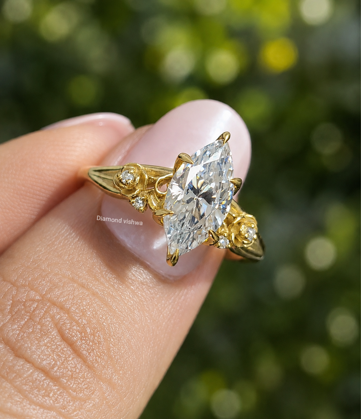 IMG_20260815_151232 1.5 CT Marquise Lab Grown Diamond Engagement Ring, Floral Accents, 14K Yellow Gold - Image 1