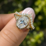3 CT Oval Moissanite Ring Set, Bezel Engagement Ring, Curved Shape Wedding Band in Yellow Gold