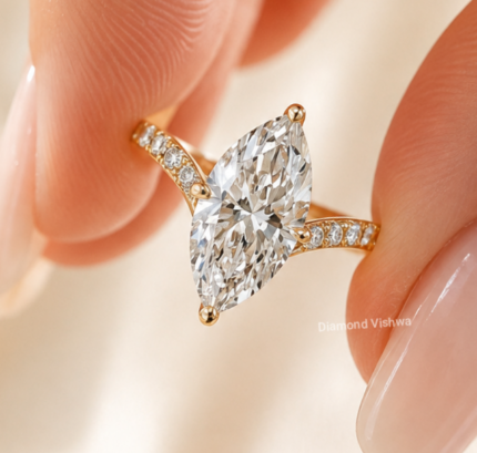 2.5 CT marquise lab grown diamond engagement ring with half pavé band in 14K yellow gold