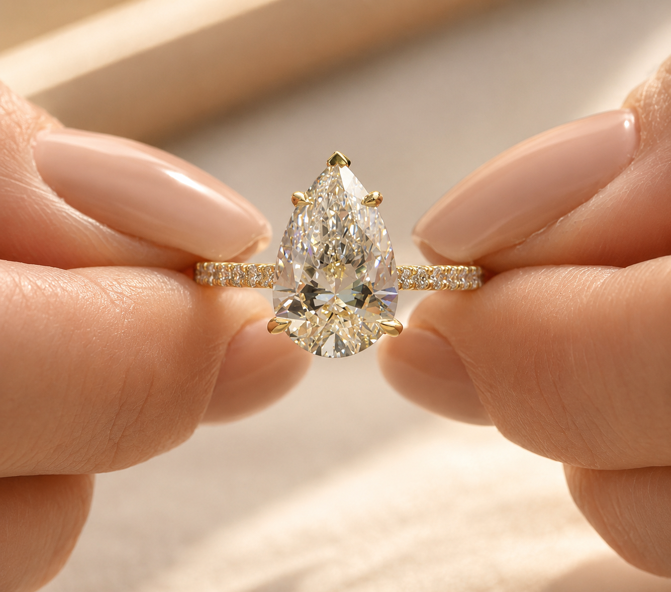 a (1) 3.5 CT Pear Cut Lab Grown Diamond Hidden Halo Pavé Engagement Ring in 14K Yellow Gold - Image 1