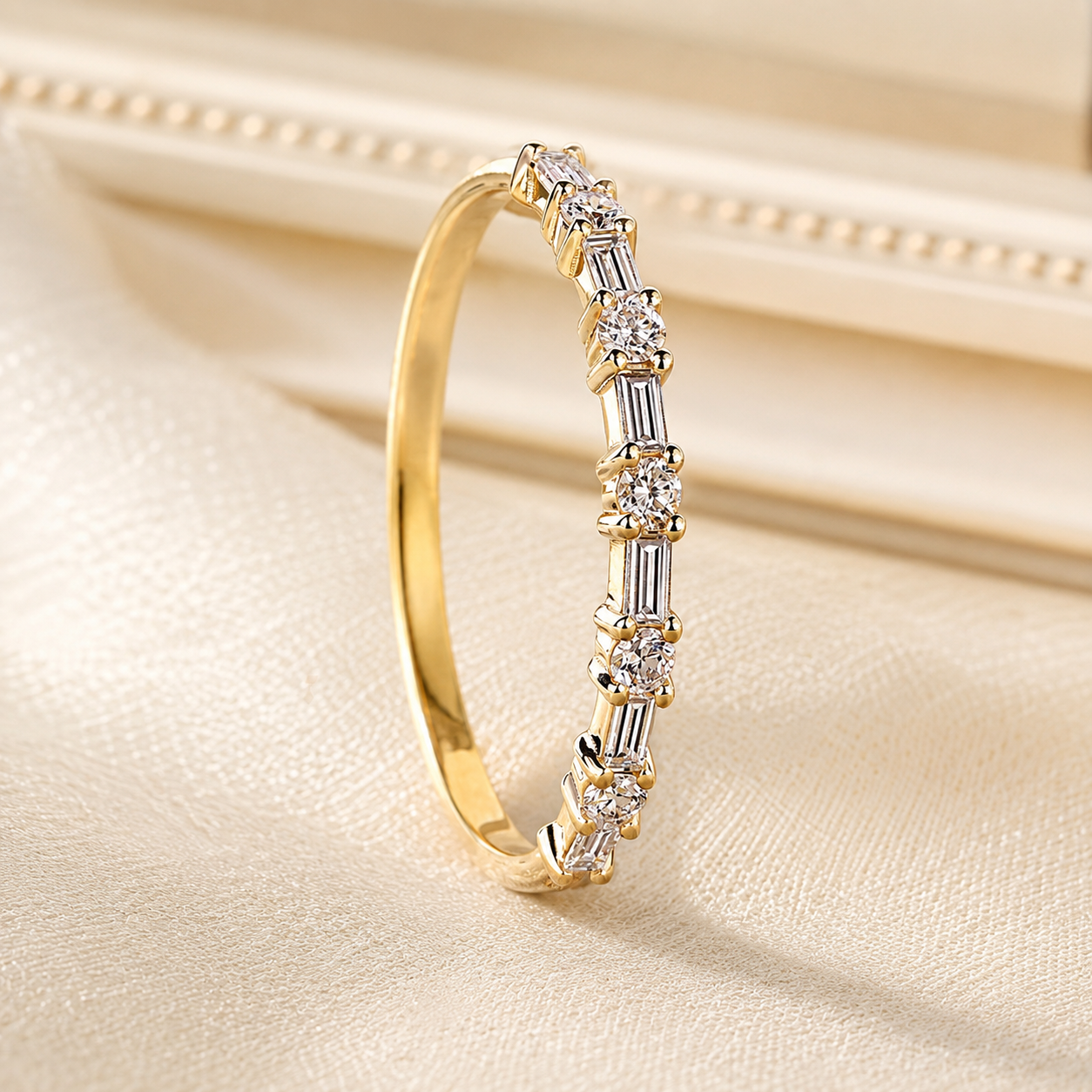 a (2) Lab Grown Diamond Eternity Band: Yellow Gold Round & Baguette Ring - Image 1