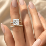 5Ct Princess Cut Lab Grown Diamond Engagement Ring Set, 14k Yellow Gold