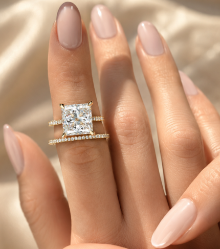 5 CT princess-cut lab grown diamond bridal set – hand view