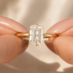 Emerald Cut 3Ct Lab Diamond Ring, 14K Yellow Gold Tulip Solitaire Engagement Ring