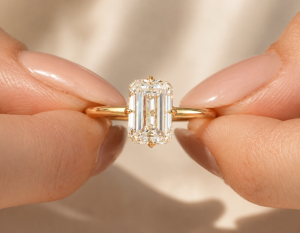 3 ct emerald cut lab-grown diamond tulip solitaire ring in 14K yellow gold, front view