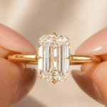 3 ct emerald cut lab-grown diamond tulip solitaire ring in 14K yellow gold, front view