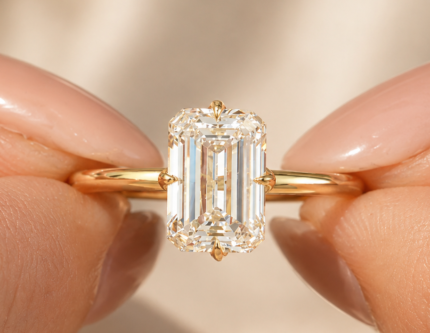 3 ct emerald cut lab-grown diamond tulip solitaire ring in 14K yellow gold, front view